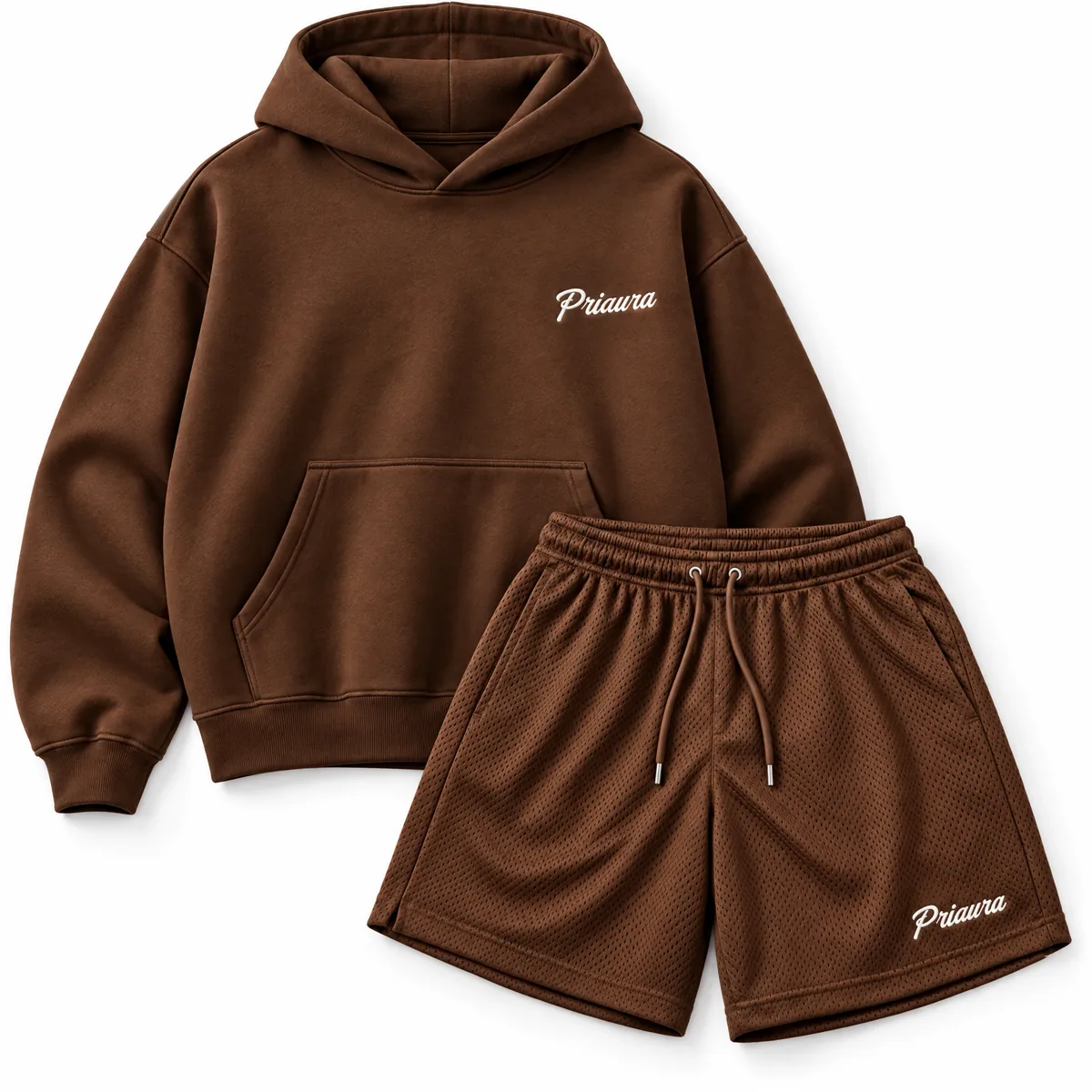 PRIAURA hoodie and mesh shorts in Chocolate, with the Priaura script