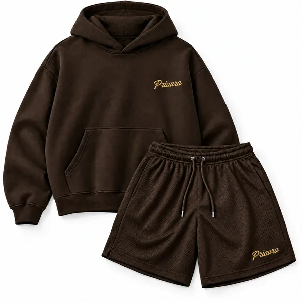 PRIAURA hoodie and mesh shorts in Espresso, with the Priaura script in gold thread
