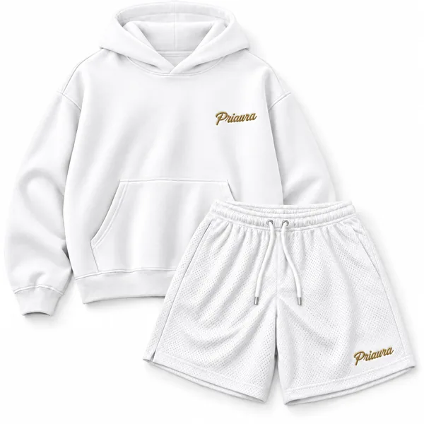 PRIAURA hoodie and mesh shorts in White, with the Priaura script in gold thread