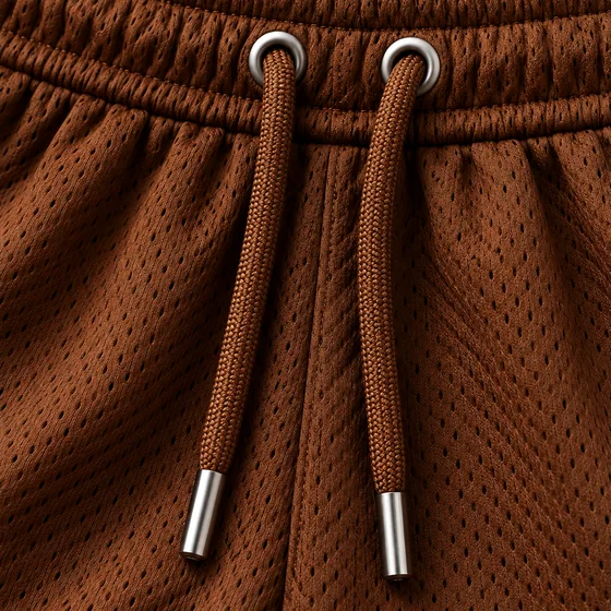 Drawcord with silver aglets on the Chocolate mesh shorts