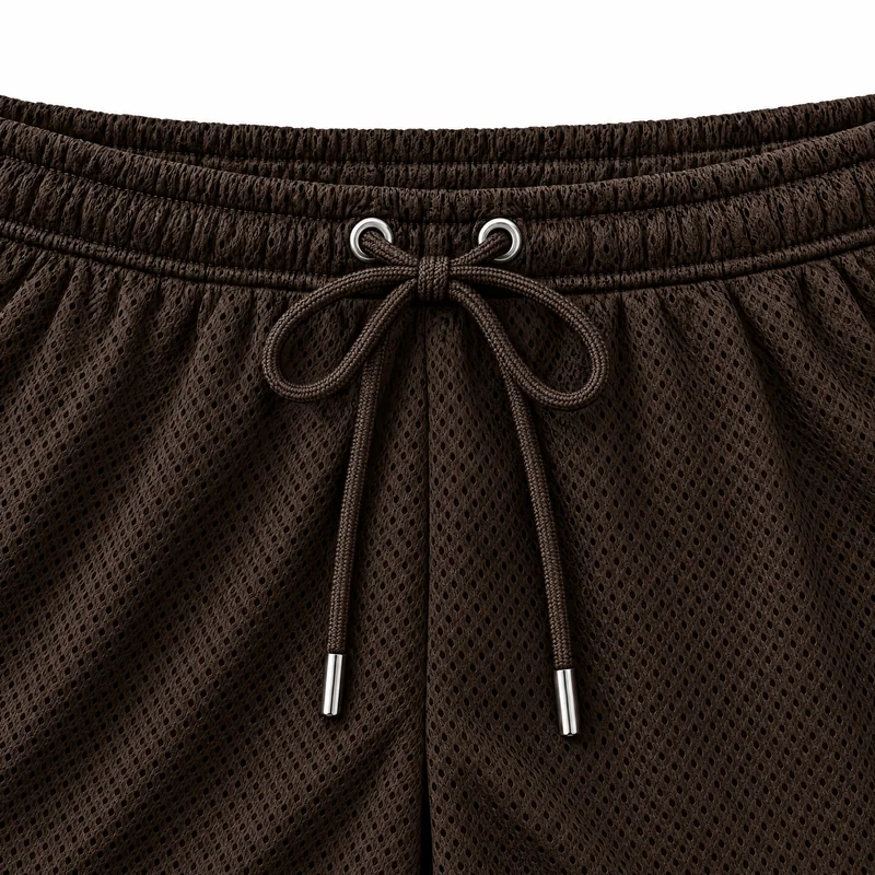 Drawcord and silver aglets on the Espresso shorts