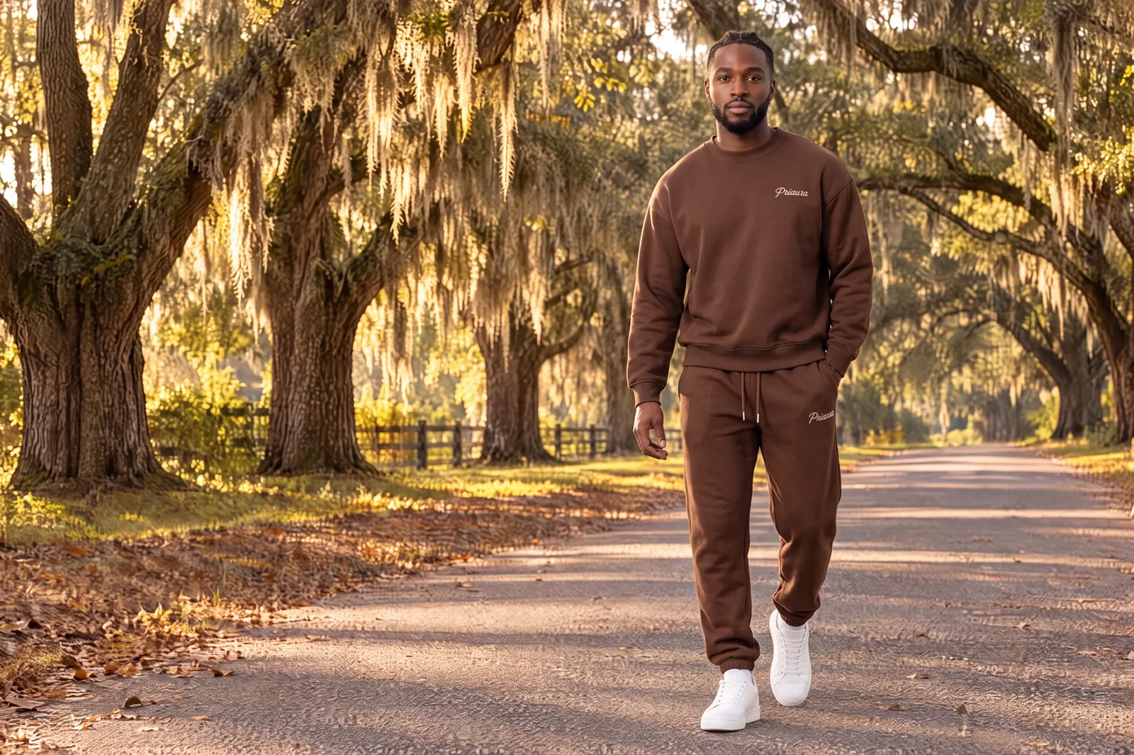 A model in the Chocolate crewneck and joggers, walking a road lined with live oaks