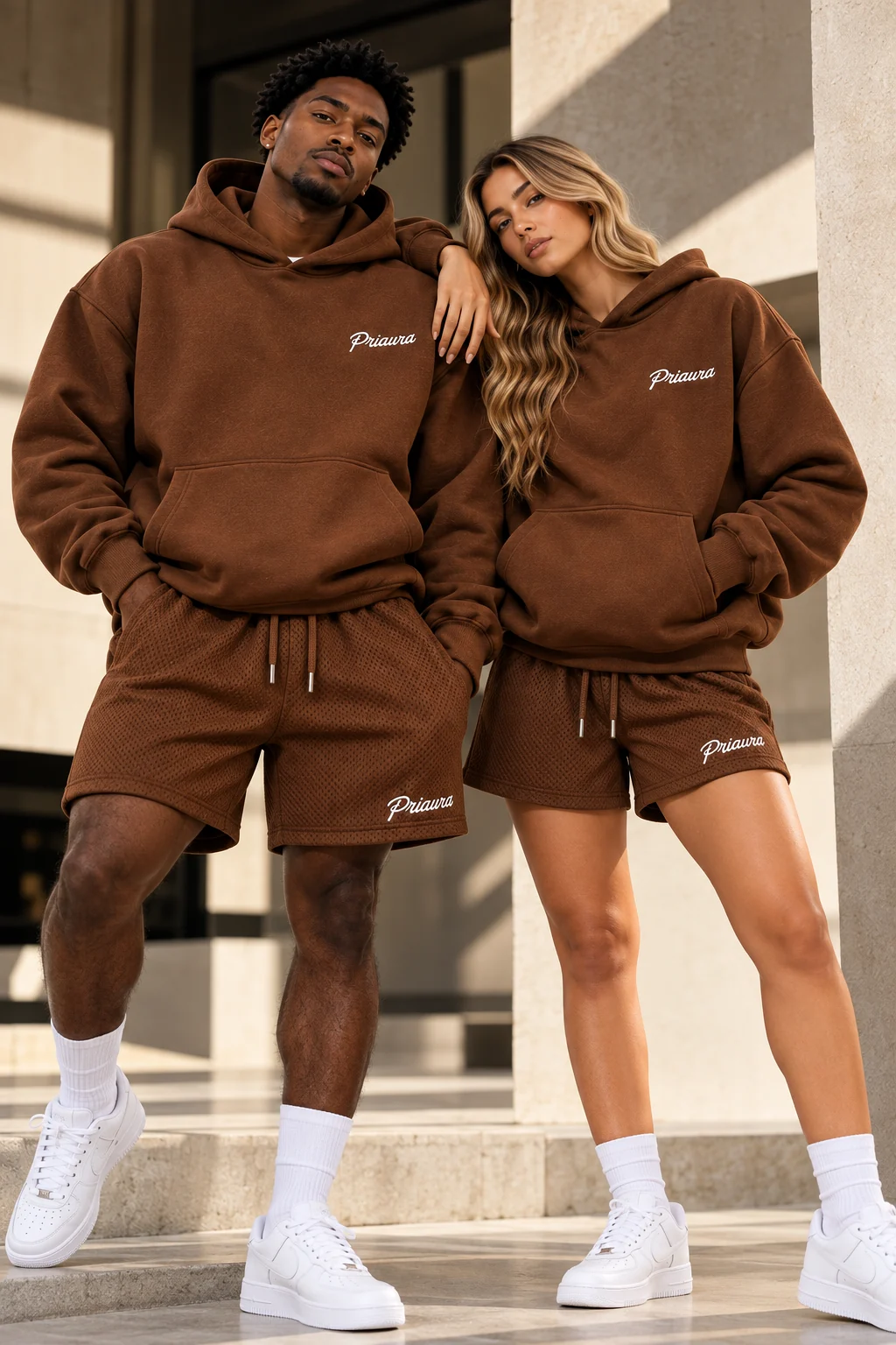 The same two models standing in the Chocolate hoodies and mesh shorts