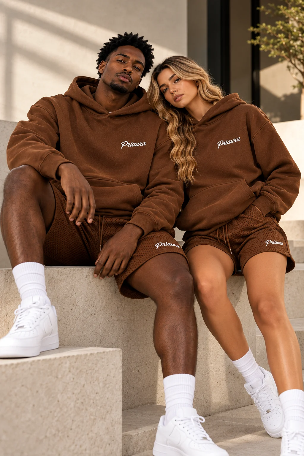 Two models seated on sunlit stone steps in the Priaura Set in Chocolate, hoodies and mesh shorts with the white Priaura script
