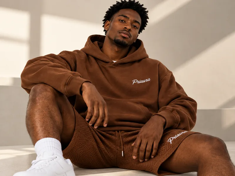 A model seated in the Chocolate hoodie and mesh shorts