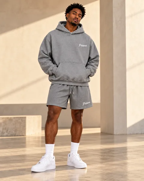 A model standing in the Heather grey hoodie and mesh shorts