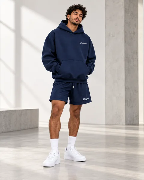 A model standing in the Navy hoodie and mesh shorts