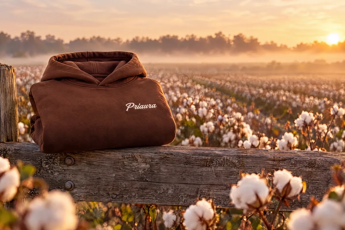 The Priaura hoodie folded on a fence rail at the edge of a cotton field at sunrise